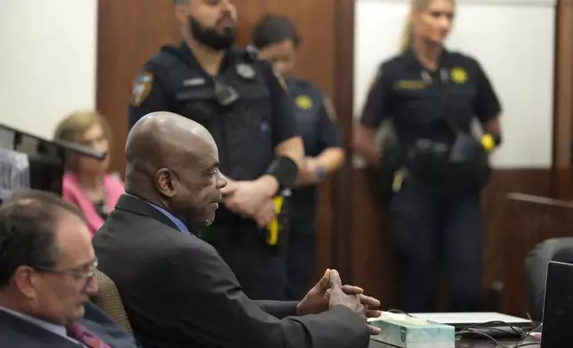 Former Houston police officer Gerald Goines sits during his felony trial in the 482nd District Court at the Harris County Criminal courthouse Tuesday, Sept. 24, 2024, in Houston. Goines faces two felony murder charges in the January 2019 deaths of Dennis Tuttle and Rhogena Nicholas. (Melissa Phillip/Houston Chronicle via AP)