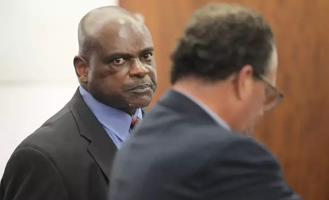 Former Houston police officer Gerald Goines is shown during his murder trial in the 482nd District Court at the Harris County Criminal courthouse Tuesday, Sept. 24, 2024, in Houston. Goines faces two felony murder charges in the January 2019 deaths of Dennis Tuttle and Rhogena Nicholas. (Melissa Phillip