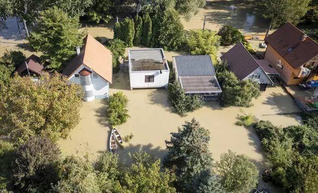 An aerial view of a flooded neighbourhood in Szentendre, Hungary, Thursday, Sept. 19, 2024. (AP Photo/Darko Bandic)