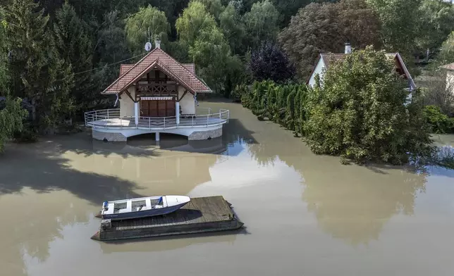 An aerial picture taken with a drone shows the flooded resort village of Venek and the swollen Danube River near Gyor, Hungary, Tuesday, September 17, 2024. (Gergely Janossy/MTI via AP)