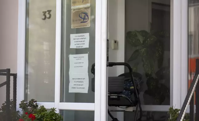 This shows a sign featuring the names of several companies on the door of a house where a Hungarian company that allegedly manufactured pagers that exploded in Lebanon and Syria is headquartered in Budapest Wednesday, Sept. 18, 2024. (AP Photo/Denes Erdos)