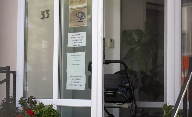 This shows a sing featuring the names of several companies on the door of a house where a Hungarian company that allegedly manufactured pagers that exploded in Lebanon and Syria is headquartered in Budapest Wednesday, Sept. 18, 2024. (AP Photo/Denes Erdos)