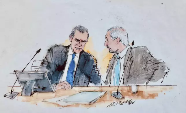 In this courtroom sketch, Hunter Biden, left, talks to attorney Mark Geragos, during a hearing in federal court, Thursday, Sept. 5, 2024, in Los Angeles, where he pled guilty to federal tax charges. (William T. Robles via AP)