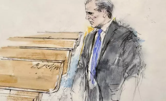 This courtroom sketch shows Hunter Biden entering a federal courtroom for jury selection for his trial on felony tax charges Thursday, Sept. 5, 2024, in Los Angeles. (William T. Robles via AP)