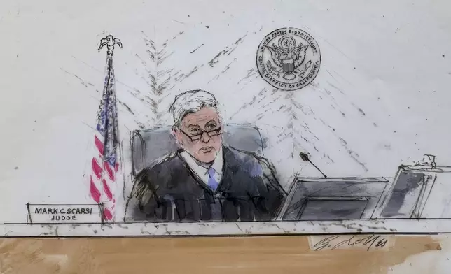 In this courtroom sketch, judge Mark C. Scarsi presides during a hearing in federal court, Thursday, Sept. 5, 2024, in Los Angeles, where Hunter Biden pled guilty to federal tax charges. (William T. Robles via AP)