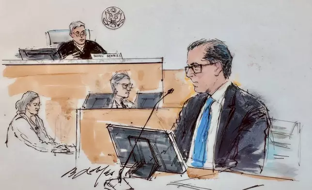 In this courtroom sketch, Hunter Biden, right, appears for a hearing in federal court, Thursday, Sept. 5, 2024, in Los Angeles, where he pled guilty to federal tax charges. (William T. Robles via AP)