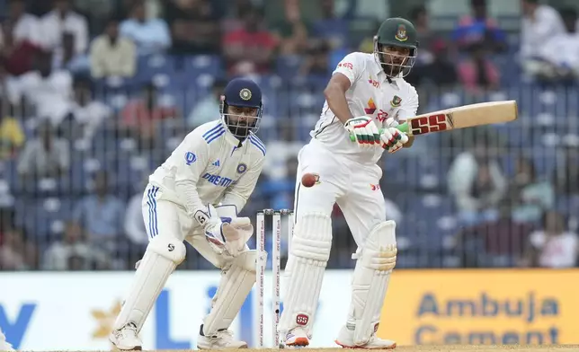 Bangladesh's captain Najmul Hossain Shanto plays a shot on the third day of the first cricket test match between India and Bangladesh, in Chennai, India, Saturday, Sept. 21, 2024. (AP Photo/Mahesh Kumar A.)