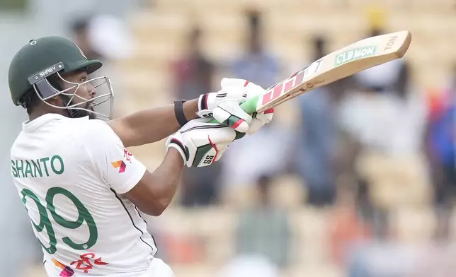 Bangladesh's captain Najmul Hossain Shanto plays a shot on the fourth day of the first cricket test match between India and Bangladesh, in Chennai, India, Sunday, Sept. 22, 2024. (AP Photo/Mahesh Kumar A.)