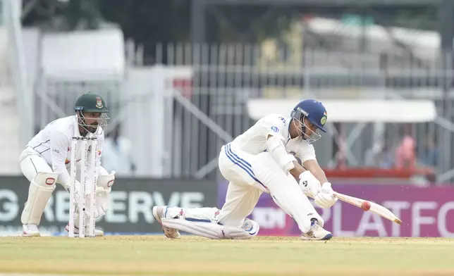 India's Yashasvi Jaiswal plays a shot on the first day of the first cricket test match between India and Bangladesh, in Chennai, India, Thursday, Sept.19, 2024. (AP Photo/Mahesh Kumar A.)