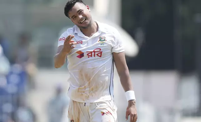 Bangladesh's Taskin Ahmed celebrates the wicket of India's Ravichandran Ashwin on the second day of the first cricket test match between India and Bangladesh, in Chennai, India, Friday, Sept.20, 2024. (AP Photo/Mahesh Kumar A.)