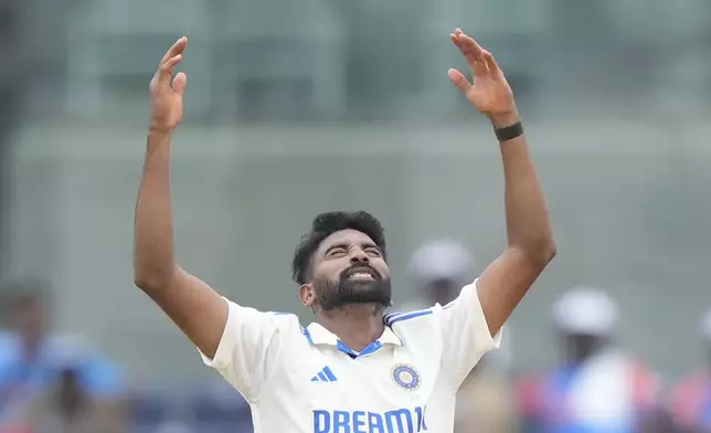 India's Mohammed Siraj reacts after delivery a ball on the fourth day of the first cricket test match between India and Bangladesh, in Chennai, India, Sunday, Sept. 22, 2024. (AP Photo/Mahesh Kumar A.)