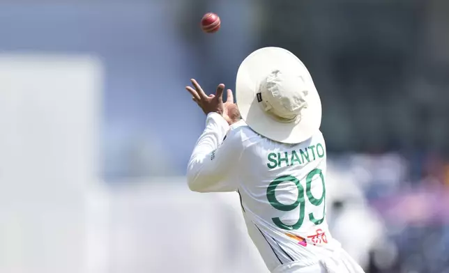 Bangladesh's captain Najmul Hossain Shanto takes catch to dismissal India's Ravichandran Ashwin on the second day of the first cricket test match between India and Bangladesh, in Chennai, India, Friday, Sept.20, 2024. (AP Photo/Mahesh Kumar A.)