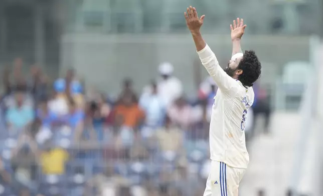 India's Ravindra Jadeja celebrates the wicket of Bangladesh's Litton Das on the fourth day of the first cricket test match between India and Bangladesh, in Chennai, India, Sunday, Sept. 22, 2024. (AP Photo/Mahesh Kumar A.)