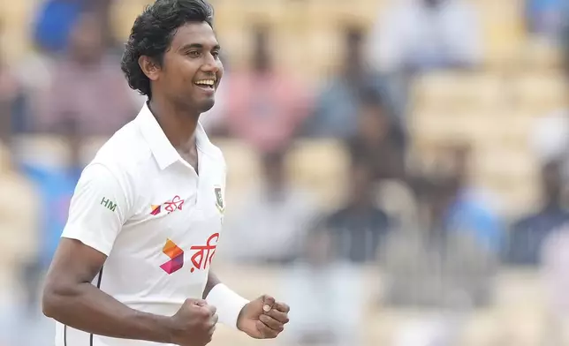 Bangladesh's Hasan Mahmud celebrates the wicket of India's Rishabh Pant on the first day of the first cricket test match between India and Bangladesh, in Chennai, India, Thursday, Sept.19, 2024. (AP Photo/Mahesh Kumar A.)