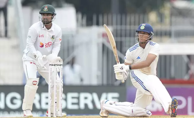 India's Yashasvi Jaiswal plays a shot on the first day of the first cricket test match between India and Bangladesh, in Chennai, India, Thursday, Sept.19, 2024. (AP Photo/Mahesh Kumar A.)