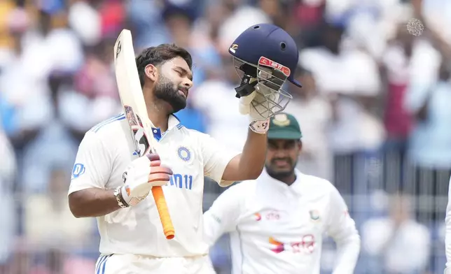 India's Rishabh Pant celebrates scoring a century on the third day of the first cricket test match between India and Bangladesh, in Chennai, India, Saturday, Sept. 21, 2024. (AP Photo/Mahesh Kumar A.)