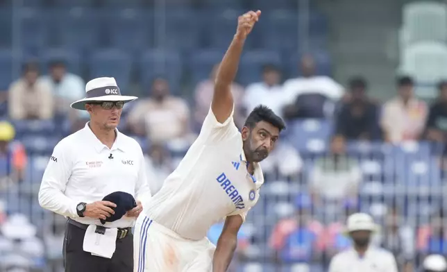 India's Ravichandran Ashwin bowls a delivery on the fourth day of the first cricket test match between India and Bangladesh, in Chennai, India, Sunday, Sept. 22, 2024. (AP Photo/Mahesh Kumar A.)