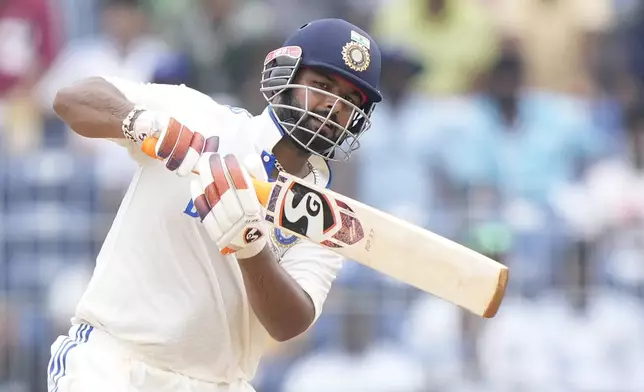 India's Rishabh Pant plays a shot on the third day of the first cricket test match between India and Bangladesh, in Chennai, India, Saturday, Sept. 21, 2024. (AP Photo/Mahesh Kumar A.)