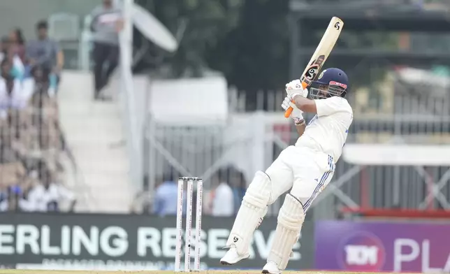 India's Rishabh Pant plays a shot on the first day of the first cricket test match between India and Bangladesh, in Chennai, India, Thursday, Sept.19, 2024. (AP Photo/Mahesh Kumar A.)