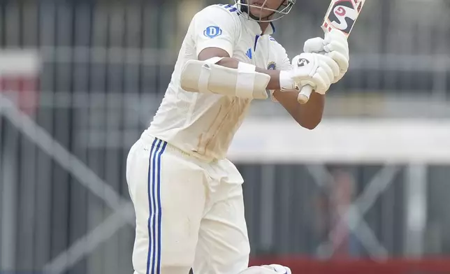 India's Yashasvi Jaiswal plays a shot on the first day of the first cricket test match between India and Bangladesh, in Chennai, India, Thursday, Sept.19, 2024. (AP Photo/Mahesh Kumar A.)