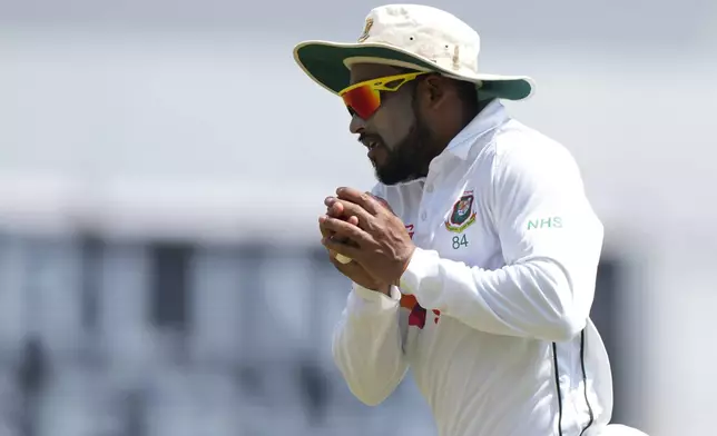 Bangladesh's captain Najmul Hossain Shanto takes catch to dismissal India's Ravichandran Ashwin on the second day of the first cricket test match between India and Bangladesh, in Chennai, India, Friday, Sept.20, 2024. (AP Photo/Mahesh Kumar A.)