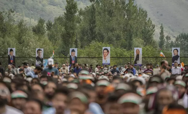 Supporters listen as India's opposition Congress party leader Rahul Gandhi, unseen, speaks during an election rally at Dooru some 78 kilometers south of Srinagar, Indian controlled Kashmir, Wednesday, Sept. 4, 2024. (AP Photo/Mukhtar Khan, FILE)