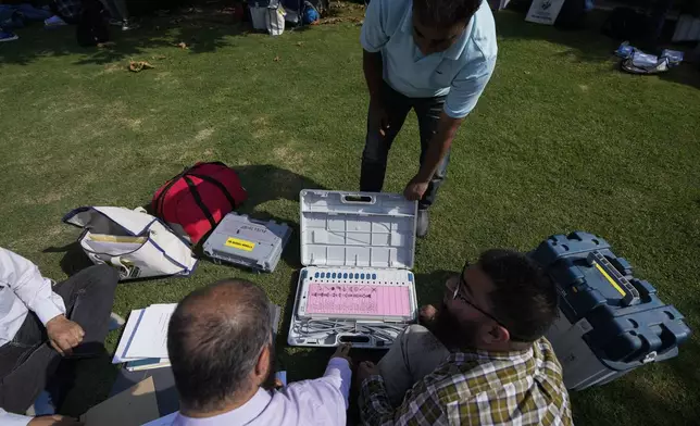 Polling officials check electronic voting machines and other election material to a venue for distribution, ahead of the second phase of voting for choosing a local government in Indian-controlled Kashmir, in Srinagar, Tuesday, Sept. 24 , 2024. (AP Photo/Mukhtar Khan)