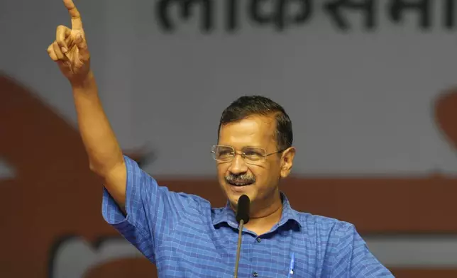 FILE - Aam Aadmi Party leader Arvind Kejriwal speaks at an election rally by Indian National Developmental Inclusive Alliance (INDIA) in Mumbai, India, on May 17, 2024. (AP Photo/Rajanish Kakade, File)