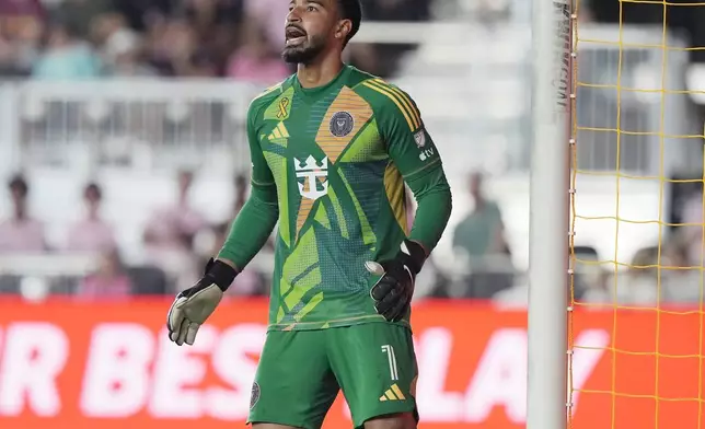 Inter Miami goalkeeper Drake Callender gestures during the first half of an MLS soccer match against the Philadelphia Union, Saturday, Sept. 14, 2024, in Fort Lauderdale, Fla. (AP Photo/Marta Lavandier)