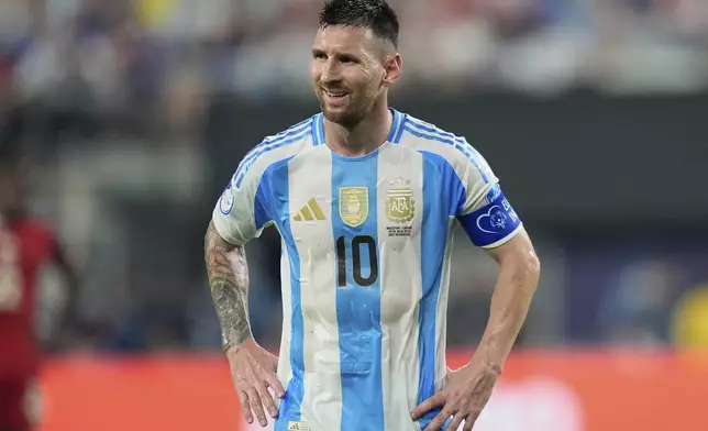 FILE - Argentina's Lionel Messi during a Copa America semifinal soccer match against Canada in East Rutherford, N.J., July 9, 2024. (AP Photo/Julia Nikhinson, File)