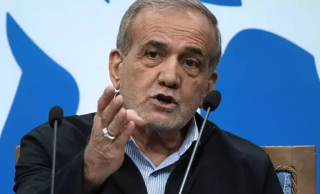 Iranian President Masoud Pezeshkian speaks during a press conference in Tehran, Iran, Monday, Sept. 16, 2024. (AP Photo/Vahid Salemi)