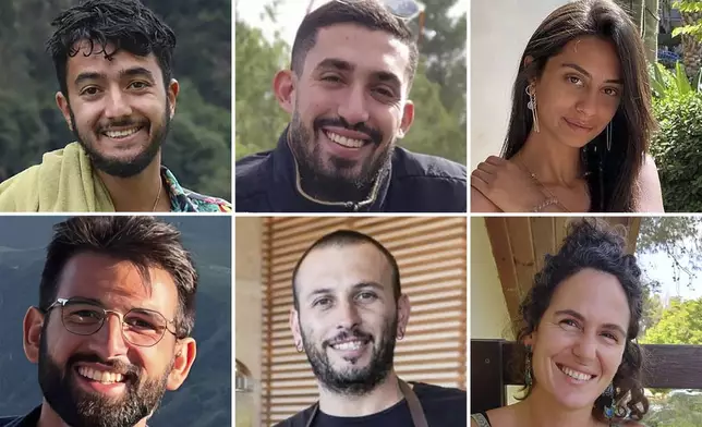 This combination of six undated photos shows hostages, from top left, Hersh Goldberg-Polin, Ori Danino, Eden Yerushalmi, from bottom left, Almog Sarusi, Alexander Lobanov, and Carmel Gat, who were held hostage by Hamas militants in Gaza. On Sunday, Sept. 1, 2024, the Hostages Families Forum announced their deaths while in Hamas captivity. (The Hostages Families Forum via AP)