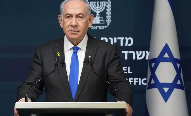 Israeli Prime Minister Benjamin Netanyahu speaks during a news conference in Jerusalem, Monday, Sept. 2, 2024.(AP Photo/Ohad Zwigenberg, Pool)