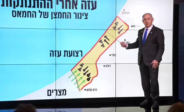 Israeli Prime Minister Benjamin Netanyahu stands before a map of the Gaza Strip, telling viewers how Hamas has imported arms into the territory since Israel's withdrawal in 2005, during a news conference in Jerusalem, Monday, Sept. 2, 2024. The Hebrew on the screen reads, "Gaza after the disengagement, oxygen pipe of Hamas". (AP Photo/Ohad Zwigenberg, Pool)