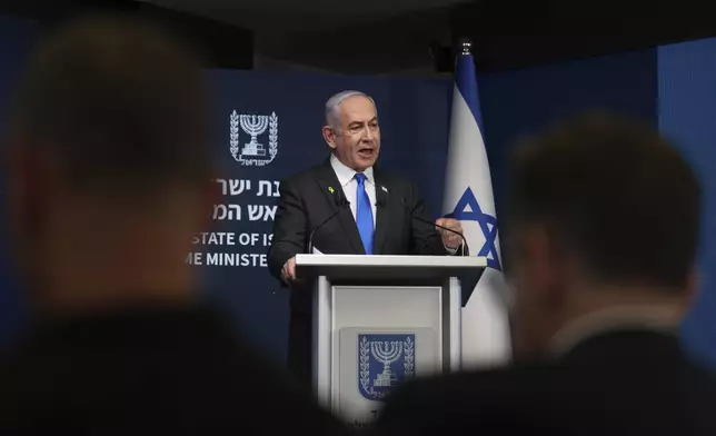 Israeli Prime Minister Benjamin Netanyahu speaks during a press conference at the Government Press office in Jerusalem, Wednesday, Sept. 4, 2024. (Abir Sultan/Pool via AP)