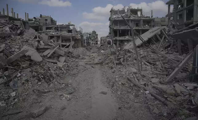 A view of destroyed buildings is shown following Israeli strikes in the southern Gaza Strip on Friday, Sept. 13, 2024. (AP Photo/Leo Correa)