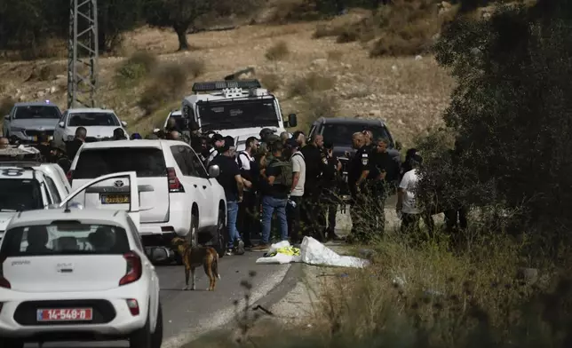 Israeli security forces and rescue services check the scene of a shooting attack in the West Bank city of Tarkumiya, Sunday, Sept. 1, 2024. Israeli authorities said Palestinian gunmen killed a few Israelis in a shooting attack in the occupied West Bank. Israel has been carrying out large-scale military raids in the territory in recent days. (AP Photo/Mahmoud Illean)