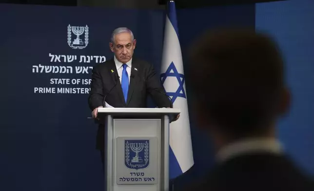 Israeli Prime Minister Benjamin Netanyahu during a press conference at the Government Press office in Jerusalem, Wednesday, Sept. 4, 2024. (Abir Sultan/Pool via AP)