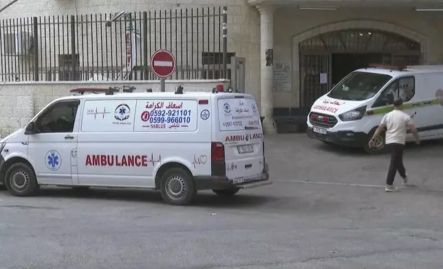 This image taken from an Associated Press video shows Rafidia Surgical Hospital, where Aysenur Ezgi Eygi was taken after she was fatally shot by Israeli soldiers, Sept. 6, 2024, in the West Bank city of Nablus. (AP Photo/Aref Tufaha)