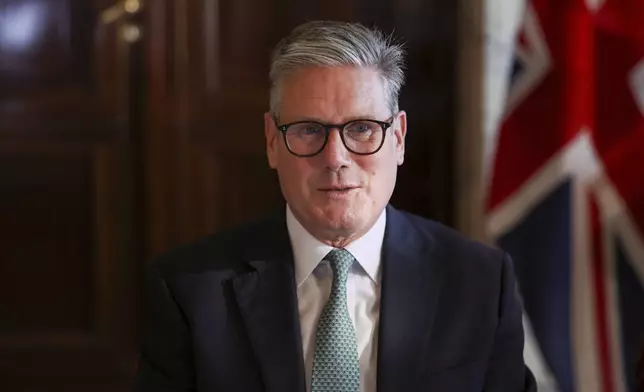 British Prime Minister Keir Starmer speaks at a breakfast meeting with Italian business leaders at Villa Wolkonsky in Rome, Italy, Monday, Sept. 16, 2024. (Phil Noble/Pool Photo via AP)