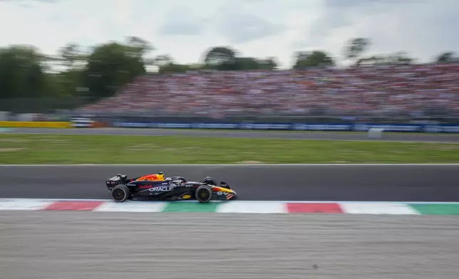 Red Bull driver Max Verstappen of the Netherlands steers his car during the Formula One Italian Grand Prix race at the Monza racetrack, in Monza, Italy, Sunday, Sept. 1, 2024. (AP Photo/Luca Bruno)