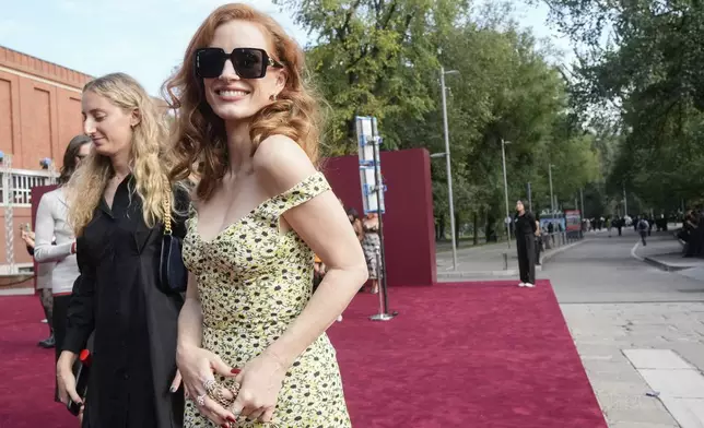 Jessica Chastain departs the Gucci Spring Summer 2025 collection, that was presented in Milan, Italy, Friday, Sept. 20, 2024. (AP Photo/Luca Bruno).