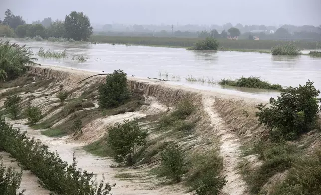 The Lamone river overflows its banks near Bagnacavallo, in the region of Emilia-Romagna, Italy, Thursday, Sept. 19, 2024. (Fabrizio Zani/LaPresse via AP)