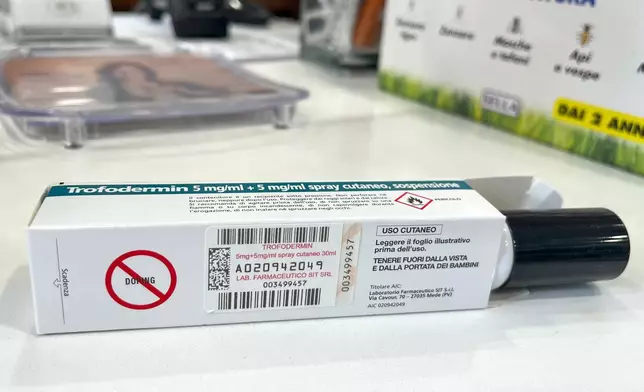 A pack of Trofodermin, a medical product meant for treating cuts and scrapes, which contains the anabolic steroid Clostebol, a substance listed in the World Anti-Doping Association's banned substances, is seen on the counter of a pharmacy in Rome, Wednesday, Sept. 4, 2024. (AP Photo/Andrew Dampf)