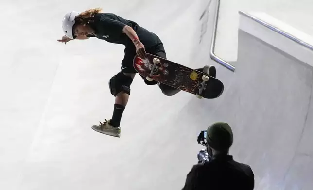 Gunjo Shiji of Japan in action during the men's quarterfinals at the Park Skateboarding Worlds, in Rome, Friday, Sept. 20, 2024. (AP Photo/Andrew Medichini)