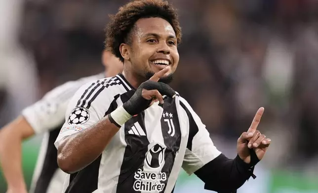 Juventus' Weston McKennie celebrates after scoring his side's second goal during the Champions League opening phase soccer match between Juventus and PSV Eindhoven at the Juventus stadium in Turin, Italy, Tuesday, Sept. 17, 2024. (Fabio Ferrari/LaPresse via AP)