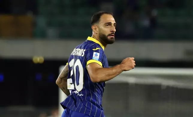 Verona's Grigoris Kastanos celebrates scoring during the Serie A soccer match between Hellas Verona and Torino at the Bentegodi Stadium in Verona, Italy, Friday Sept. 20, 2024. (Spada/LaPresse via AP)