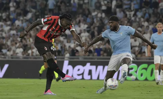 AC Milan's Rafael Leao goal 2-2 during the Serie A Enilive soccer match between SS Lazio and AC Milan at the Rome's Olympic stadium, Italy, Saturday, Aug. 31, 2024. (Fabrizio Corradetti/LaPresse via AP)