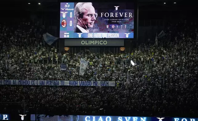 A picture of Swedish coach Sven-Goran Eriksson is displayed on the screen during a tribute to the former Lazio coach who passed away recently, before a Serie A soccer match between Lazio and AC Milan, at Rome's Stadio Olimpico, Saturday, Aug. 31, 2024. (AP Photo/Andrew Medichini)