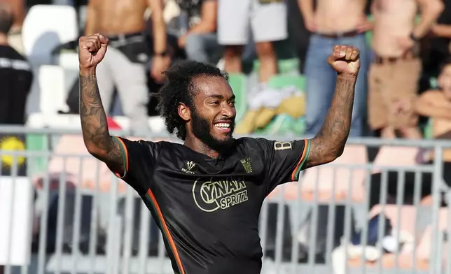 Venezia's Gianluca Busio celebrates scoring during the Serie A soccer match between Venezia and Genoa at the Pier Luigi Penzo Stadium, Italy, Saturday Sept. 21, 2024. (Paola Garbuio/LaPresse via AP)